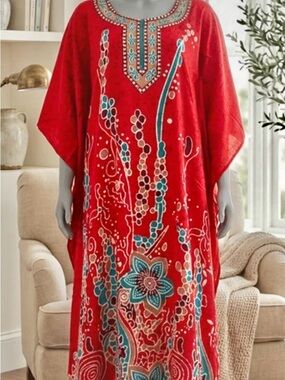 Silk blend red printed kaftan! One size S to XXL